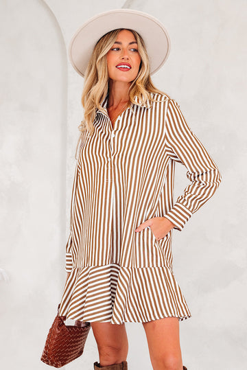 Ruffled Hem Collared Long Sleeve Shirt Mini Dress - eAura