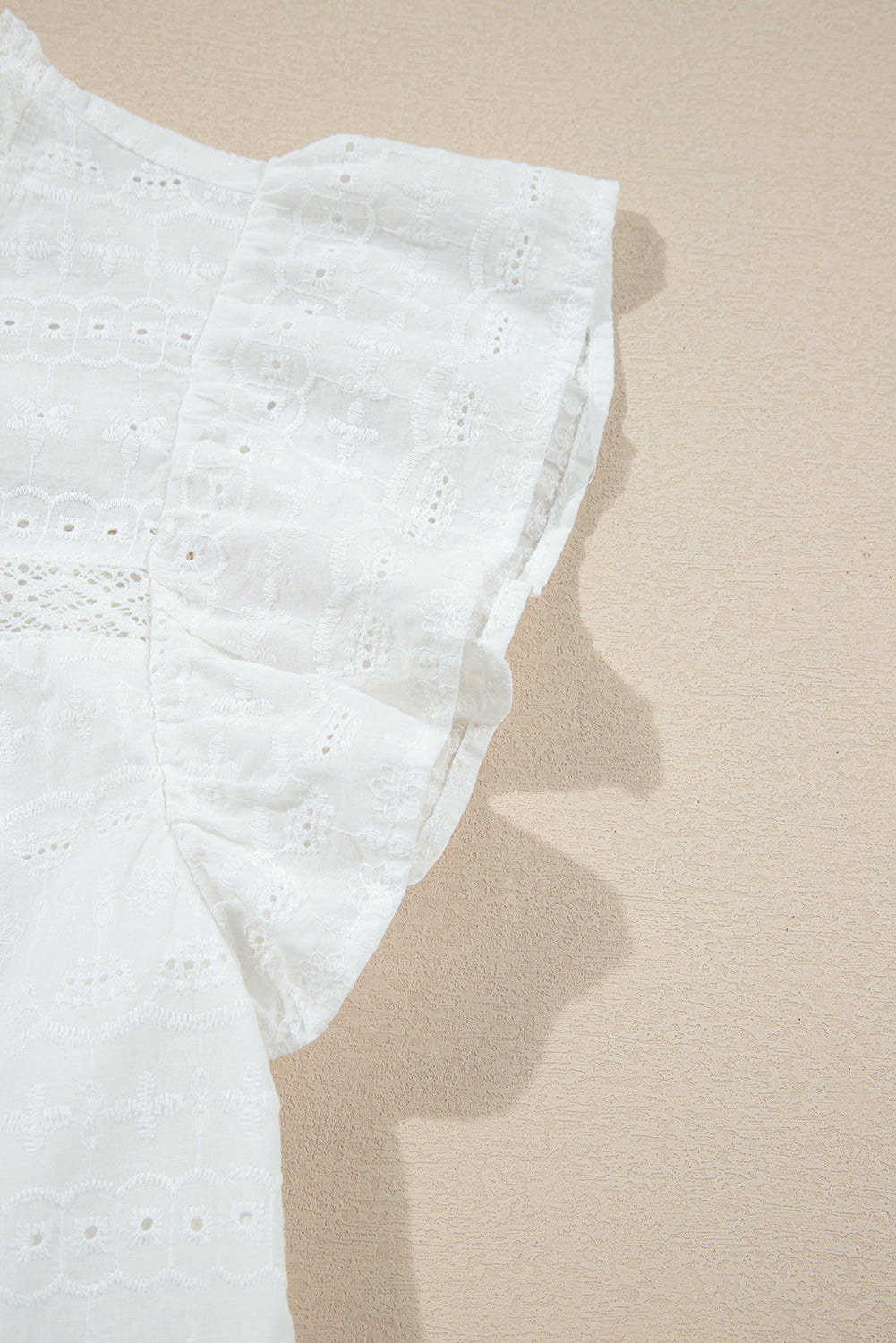 White Lace Neckline Flutter Sleeve Eyelets Blouse eAura