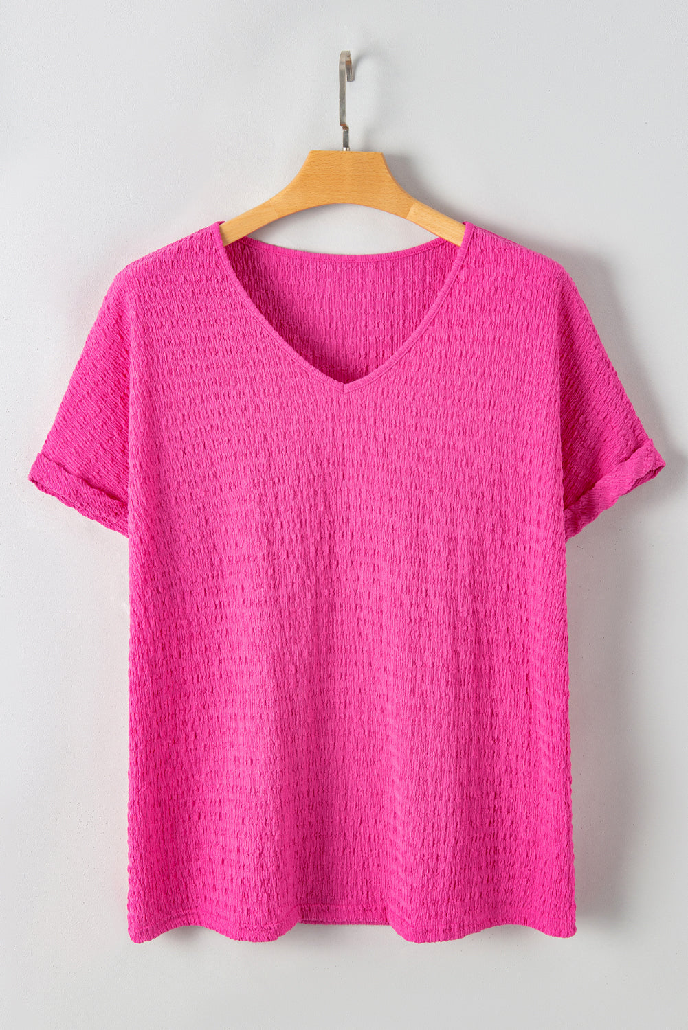 Bright Pink Plus Size Textured Folded Sleeve V Neck T Shirt BB Fashion Outlet
