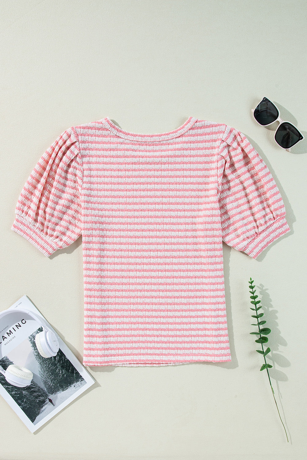 Pink Stripe Textured Puff Sleeve Crewneck Top eAura