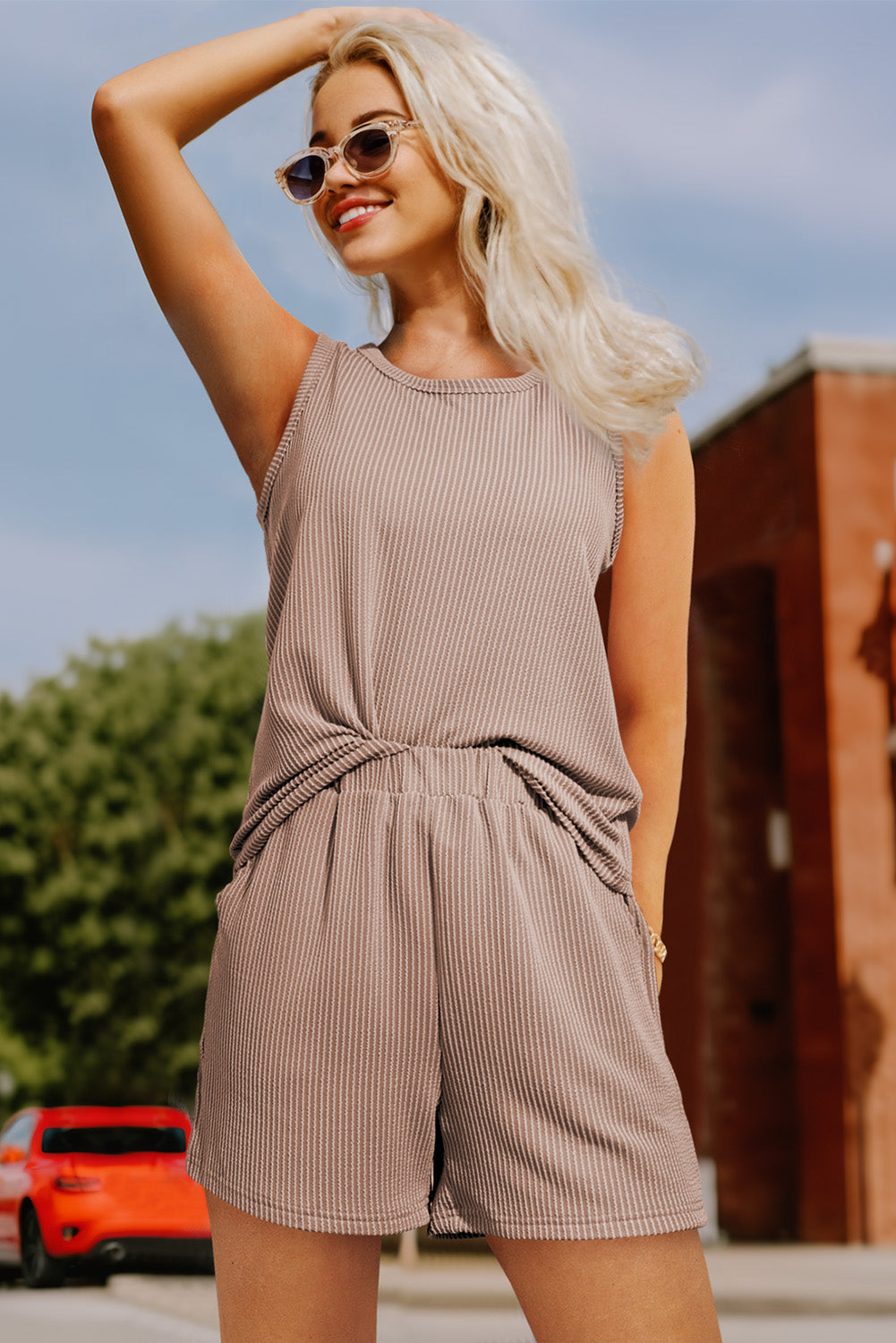 Ribbed Sleeveless Top and Pocketed Shorts Co-ord eAura