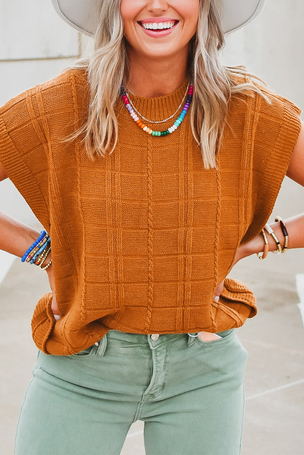 Chestnut Grid Textured Short Sleeve Sweater eAura