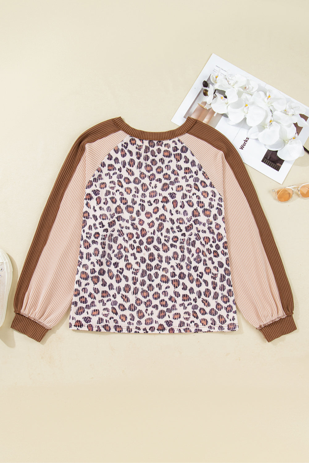 Leopard Patchwork Twist Ribbed Plus Size V-Neck Baggy Pullover - eAura