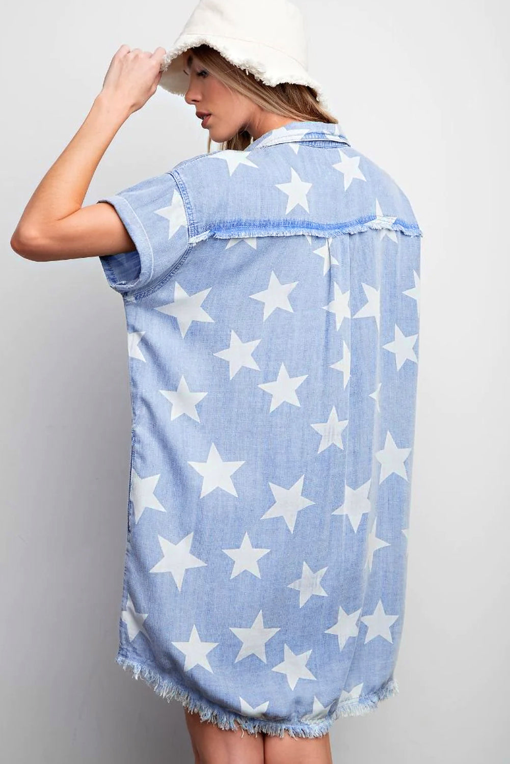 Sky Blue Stars Frayed Hem Collared Short Sleeve Denim Dress eAura