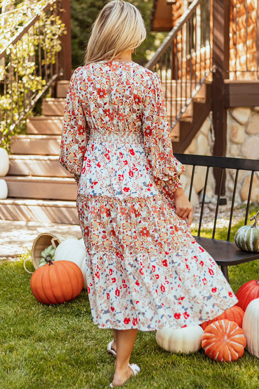 Khaki Floral Print Ruffled Tiered Long Sleeve V Neck Midi Dress BB Fashion Outlet
