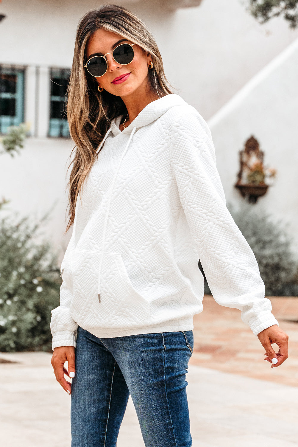 White Cable Lattice Texture Hoodie eAura