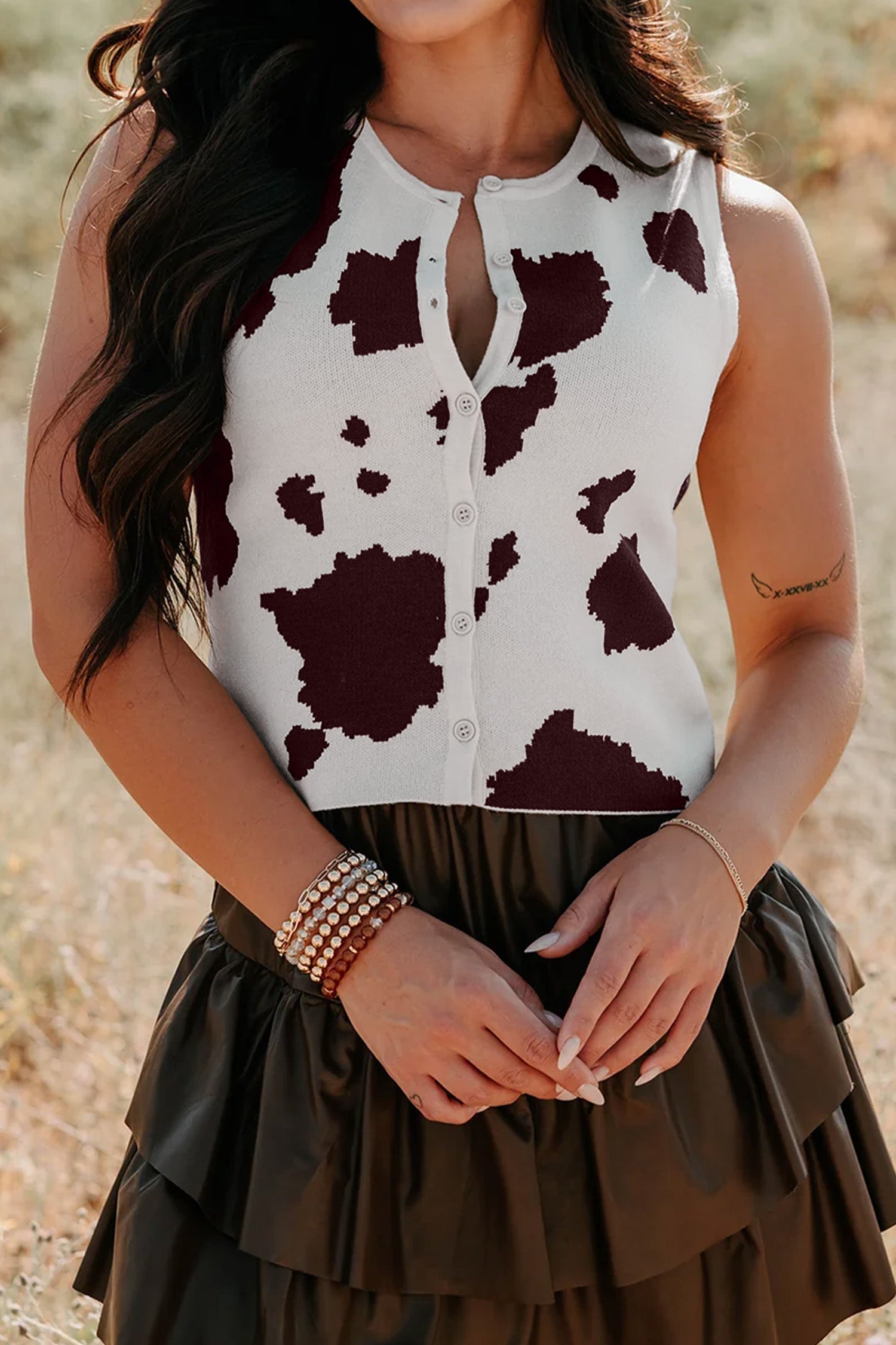 Western Cow Spots Button Down Sweater Vest – White