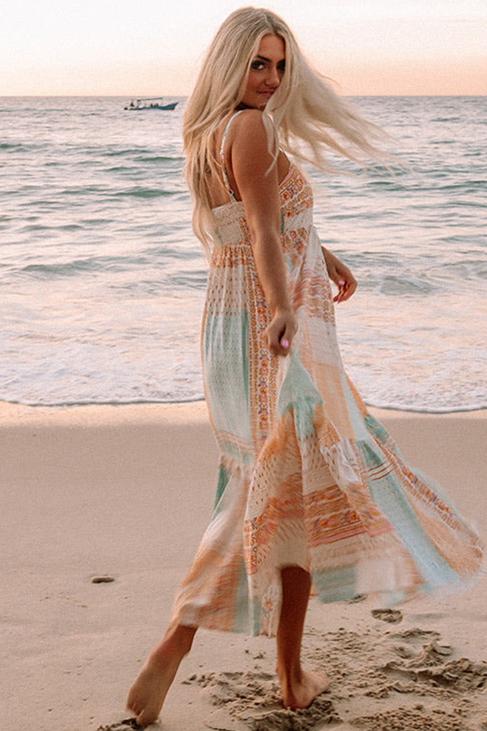 MultiColour Boho Patchwork Print Square Neck Maxi Sundress eAura