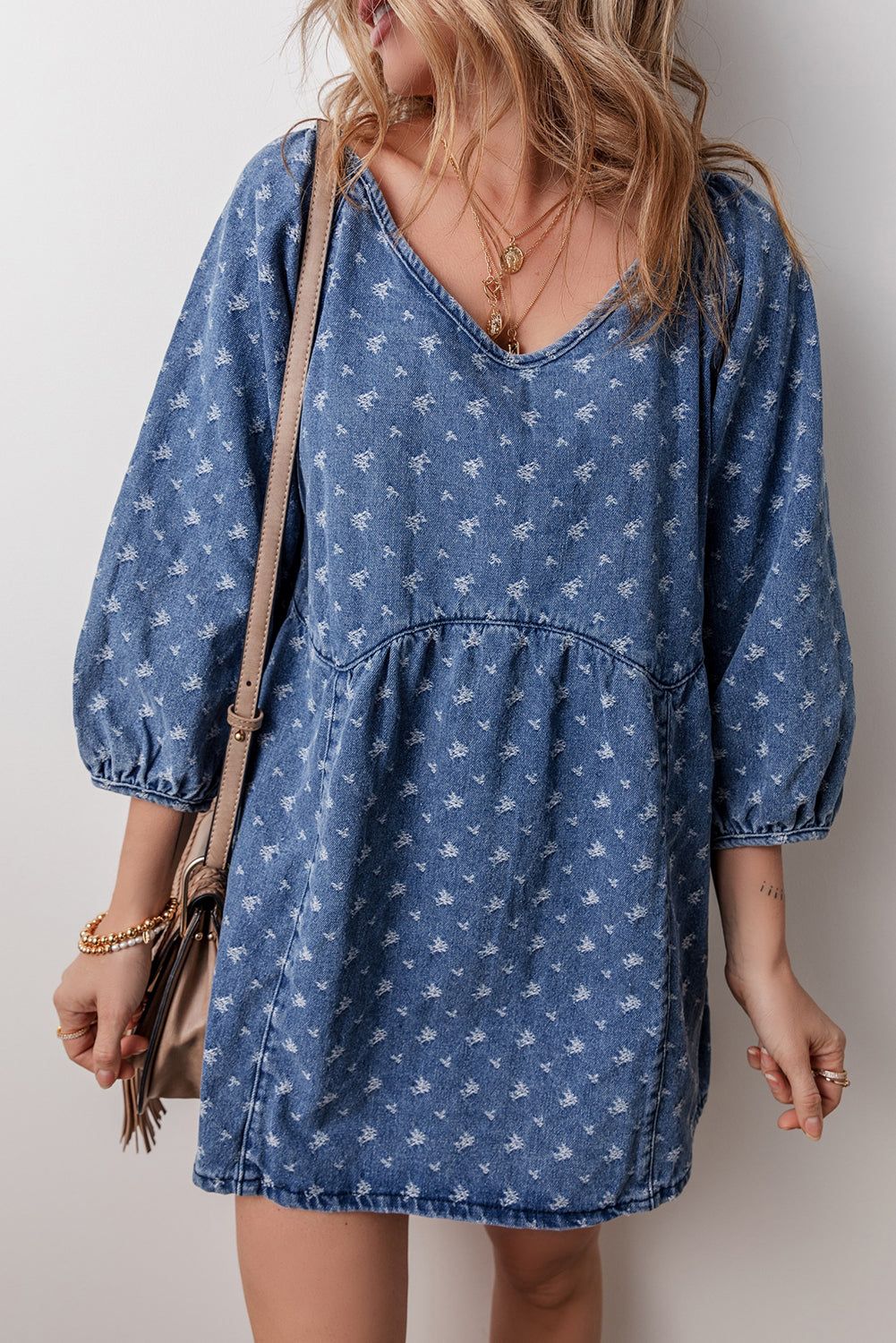 Ashleigh Blue Textured Open Back Loose Fit Denim Dress Beagle Boutique Fashion Outlet