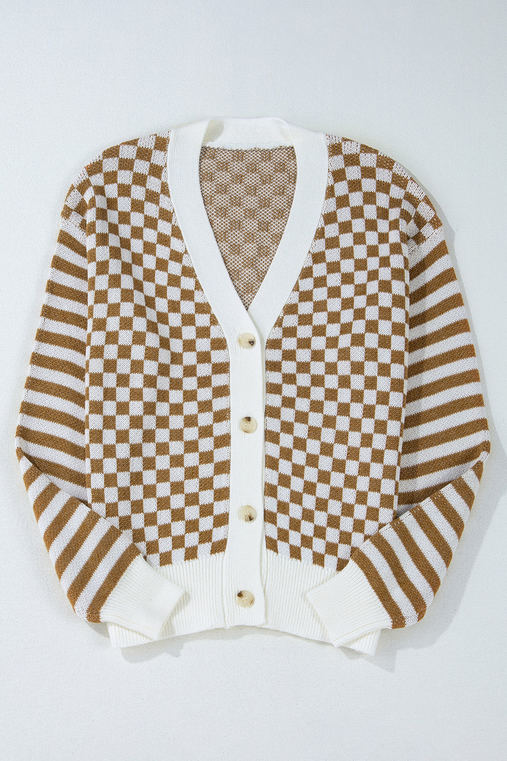 Brown Checkered Striped Patched Buttoned V Neck Cardigan eAura