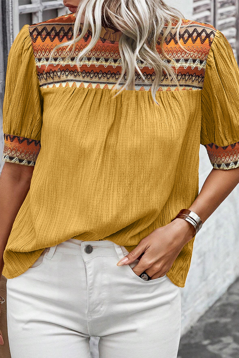 Mustard Geometric Short Puff Sleeve Frilled Collar Blouse eAura