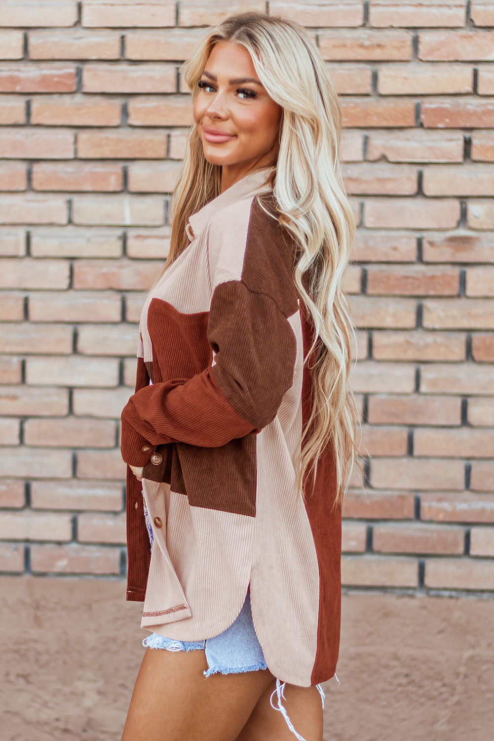 Cinnamon Colourblock Curved Hem Corduroy Shacket with Pocket Beagle Boutique Fashion Outlet