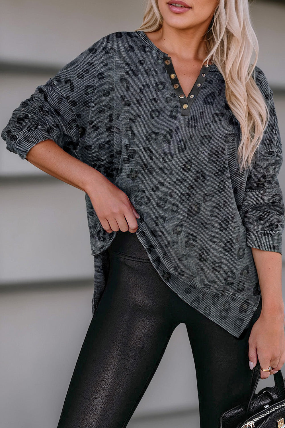 Grey Leopard Print Button Split Neck Waffle Sweatshirt eAura