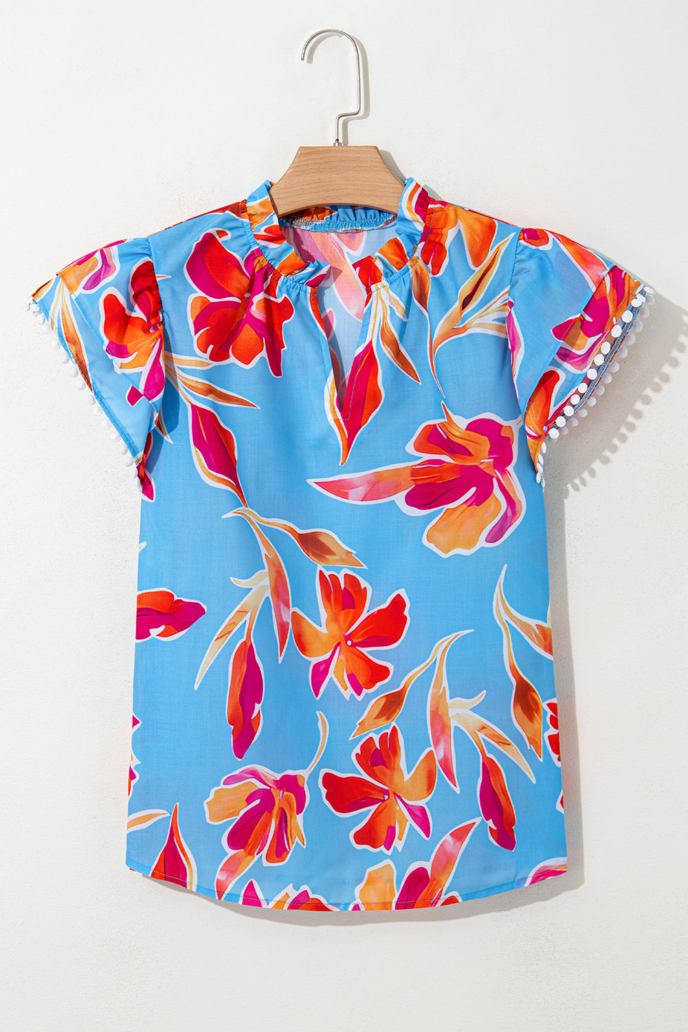 Sky Blue Floral Print V Neck Pompom Trim Flutter Sleeve Blouse eAura