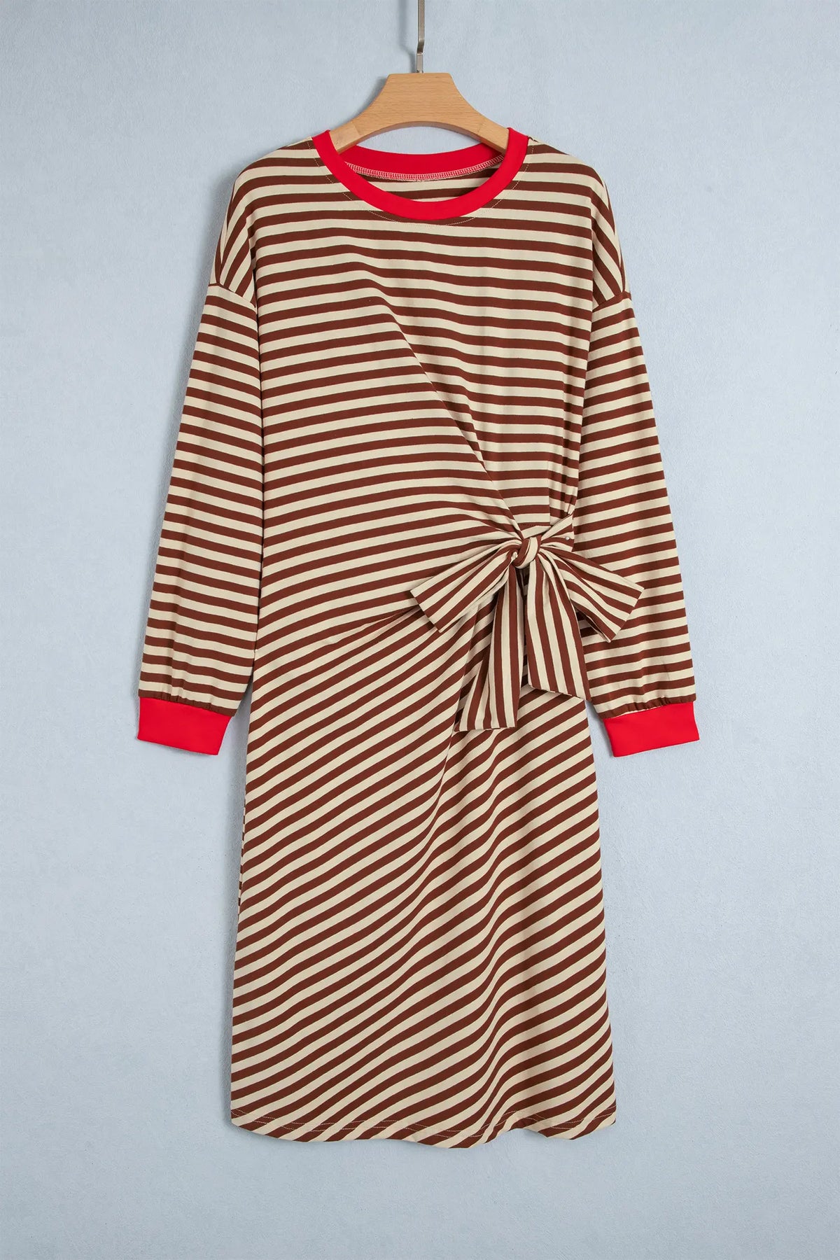Striped Colourblock Cuffs Round Neck Long Sleeve Shift Dress – Brown Stripe