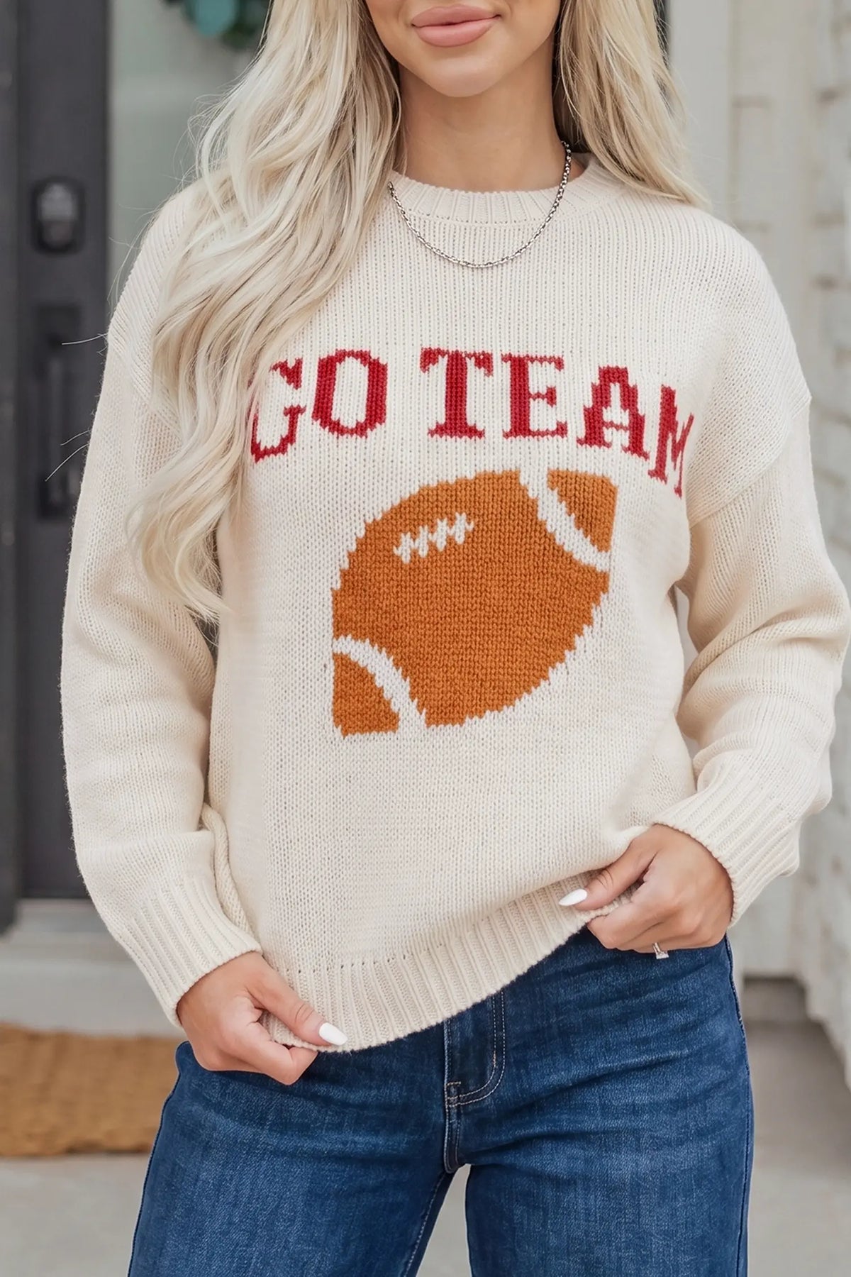 Go Team Football Drop Shoulder Knit Top Sweater – Beige