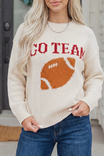 Go Team Football Drop Shoulder Knit Top Sweater – Beige