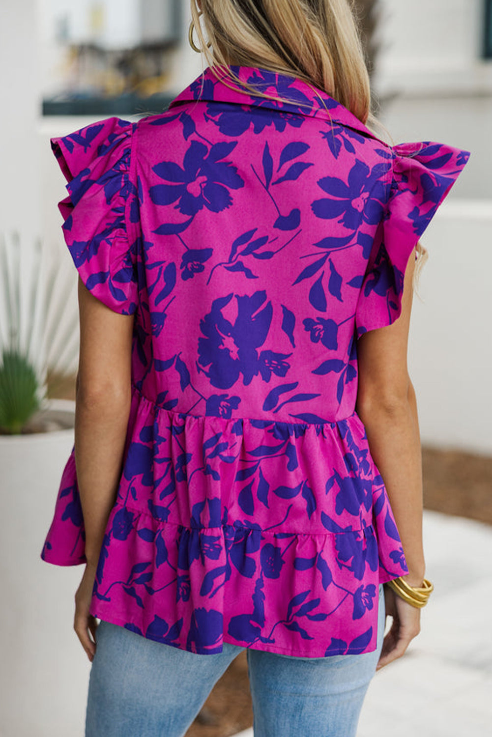 Rose Floral Print Collared Button Neckline Flutter Sleeve Blouse eAura