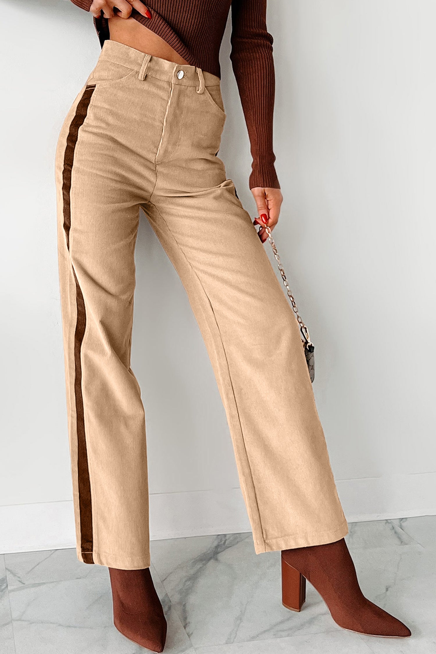 Corduroy Side Panel Colorblock Straight Leg Pants – Smoke Gray