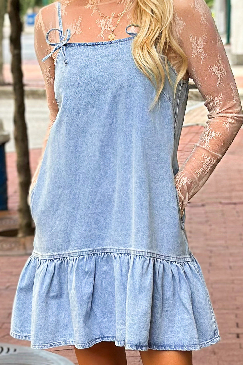 Beau Blue Bow Detail Spaghetti Straps Ruffle Hem Denim Short Dress eAura