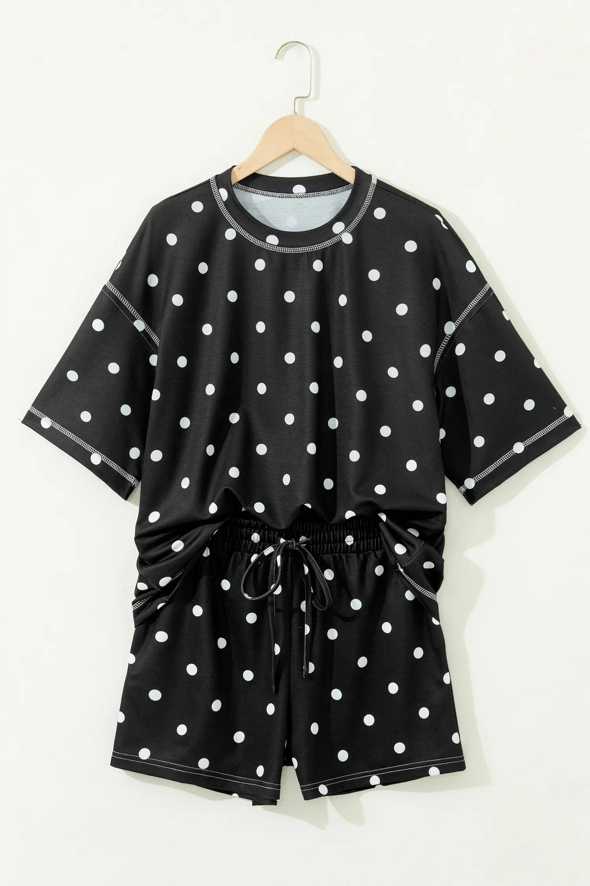 Polka Dot Short Sleeve Loose Top Drawstring Shorts Set – Pink