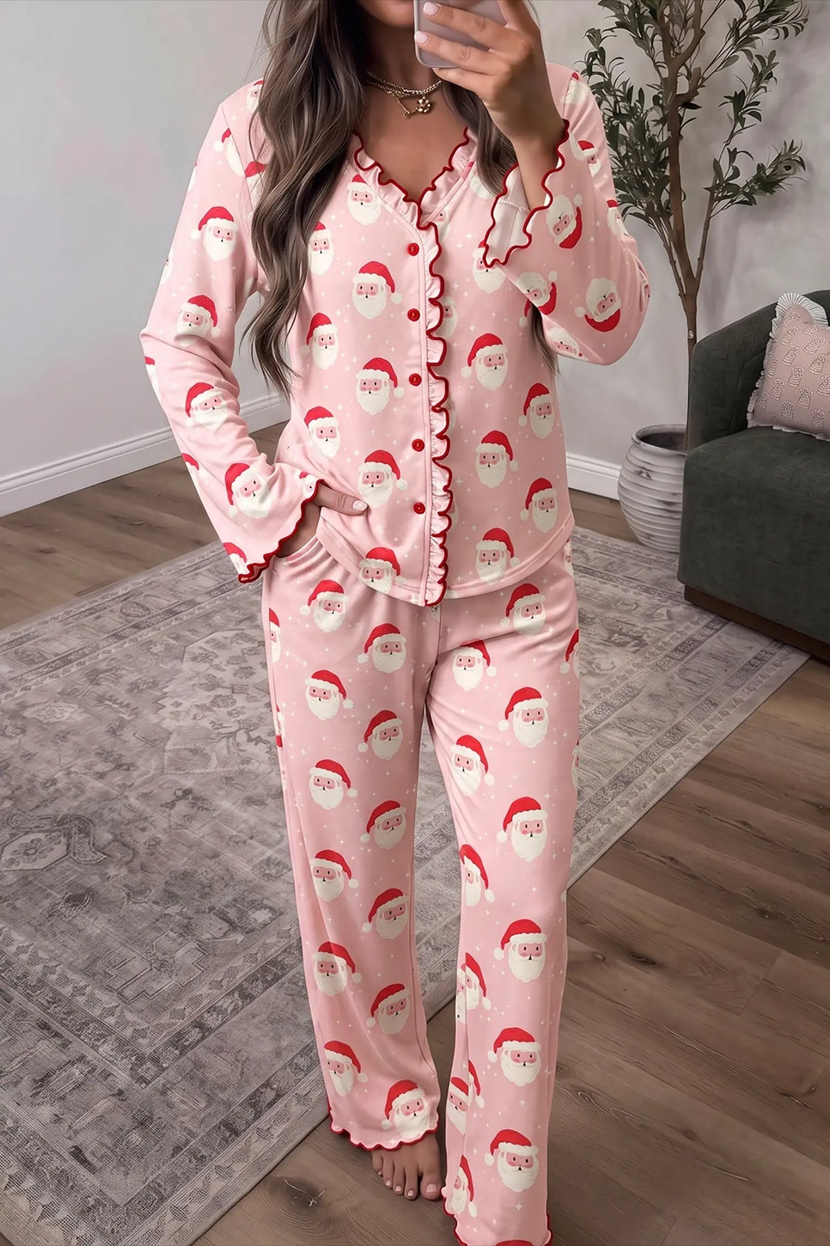 Lounge Set Santa Print Frilled Button Front Top and Pants