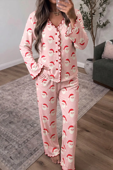 Lounge Set Santa Print Frilled Button Front Top and Pants