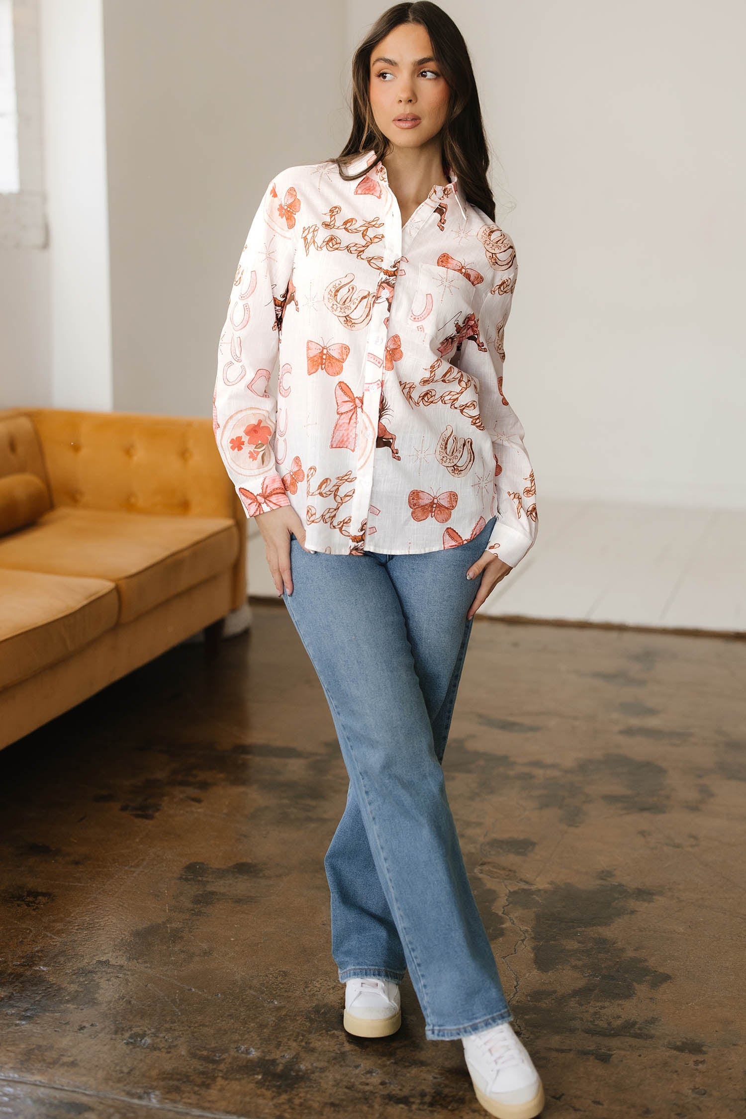 White Rodeo Cowgirl Print Western Button up Shirt - Tops/Blouses & Shirts