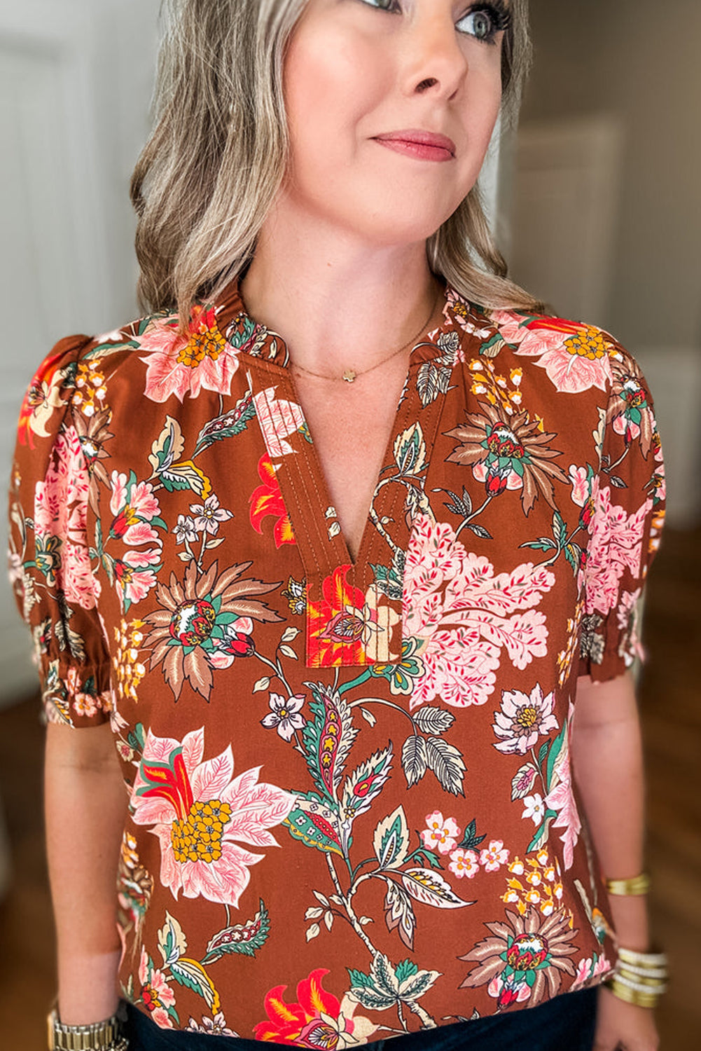 Brown Floral Stitched V Neck Frilled Trim Puff Short Sleeve Blouse BB Fashion Outlet