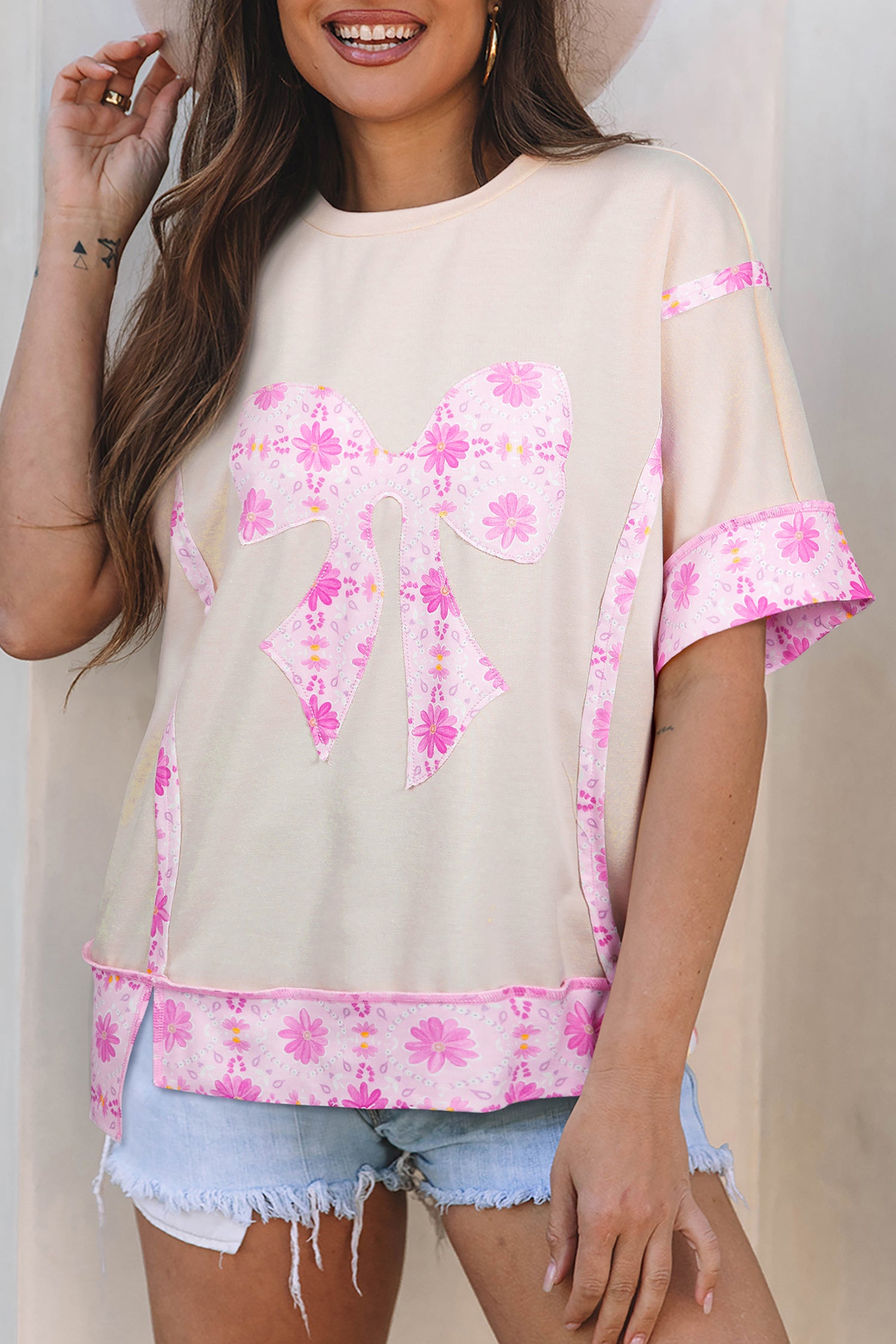 Daisy Floral Bow Contrast Patchwork Loose T Shirt – Apricot