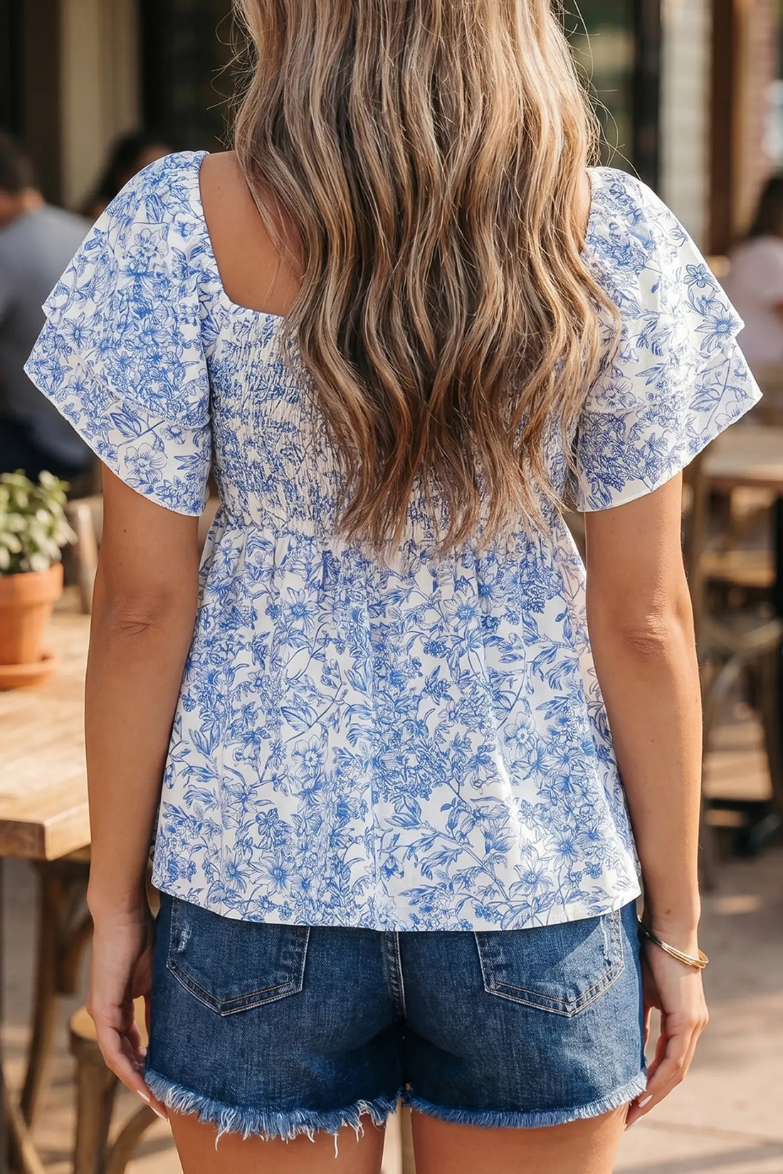 Floral Print Square Neck Ruffled Sleeve Shirred Babydoll Blouse – Sky Blue