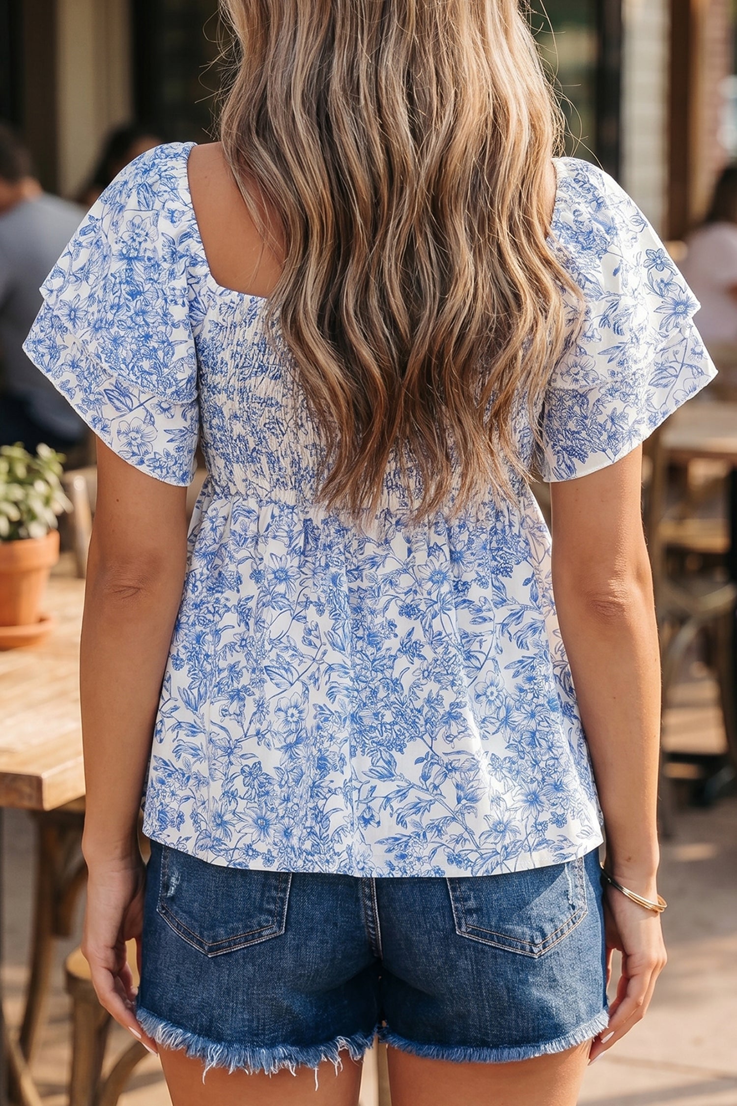 Floral Print Square Neck Ruffled Sleeve Shirred Babydoll Blouse – Sky Blue