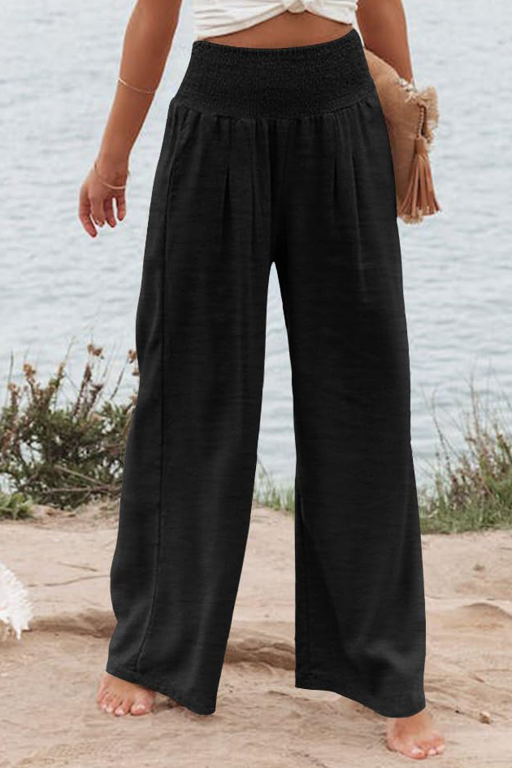 Black Shirred High Waist Plus Size Wide Leg Pants BB Fashion Outlet
