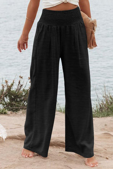Black Shirred High Waist Plus Size Wide Leg Pants BB Fashion Outlet