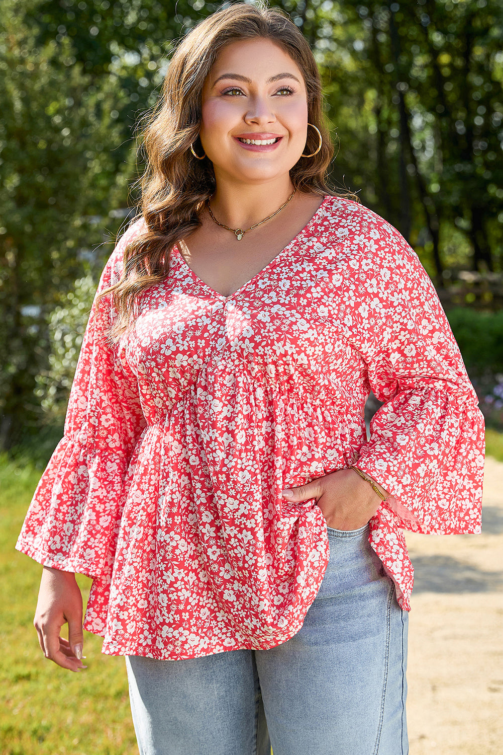 Red Plus Size Floral V Neck Flared Bracelet Sleeve Blouse BB Fashion Outlet