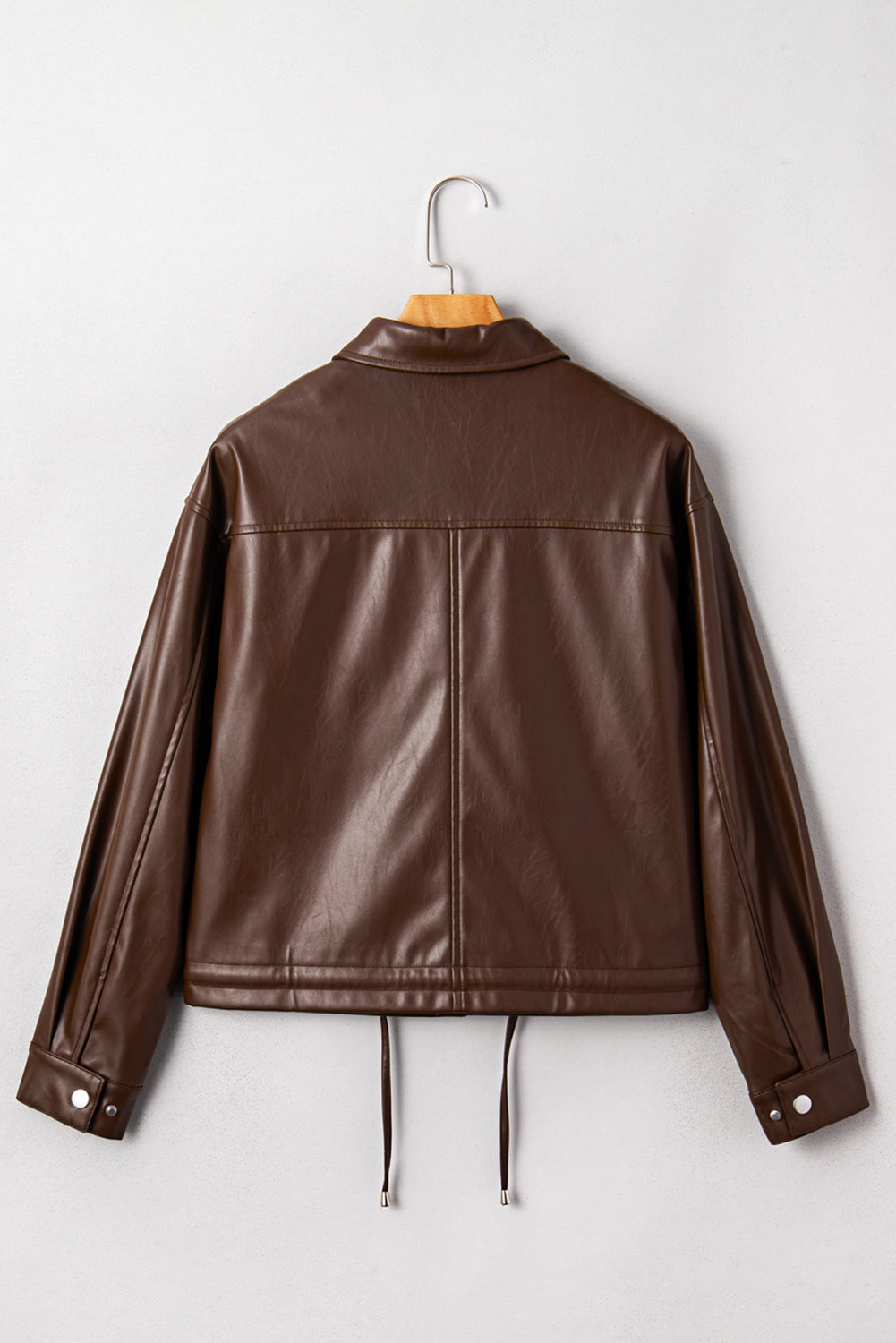 Brown Double Flap Pocket Drawstring Hem Leather Jacket eAura