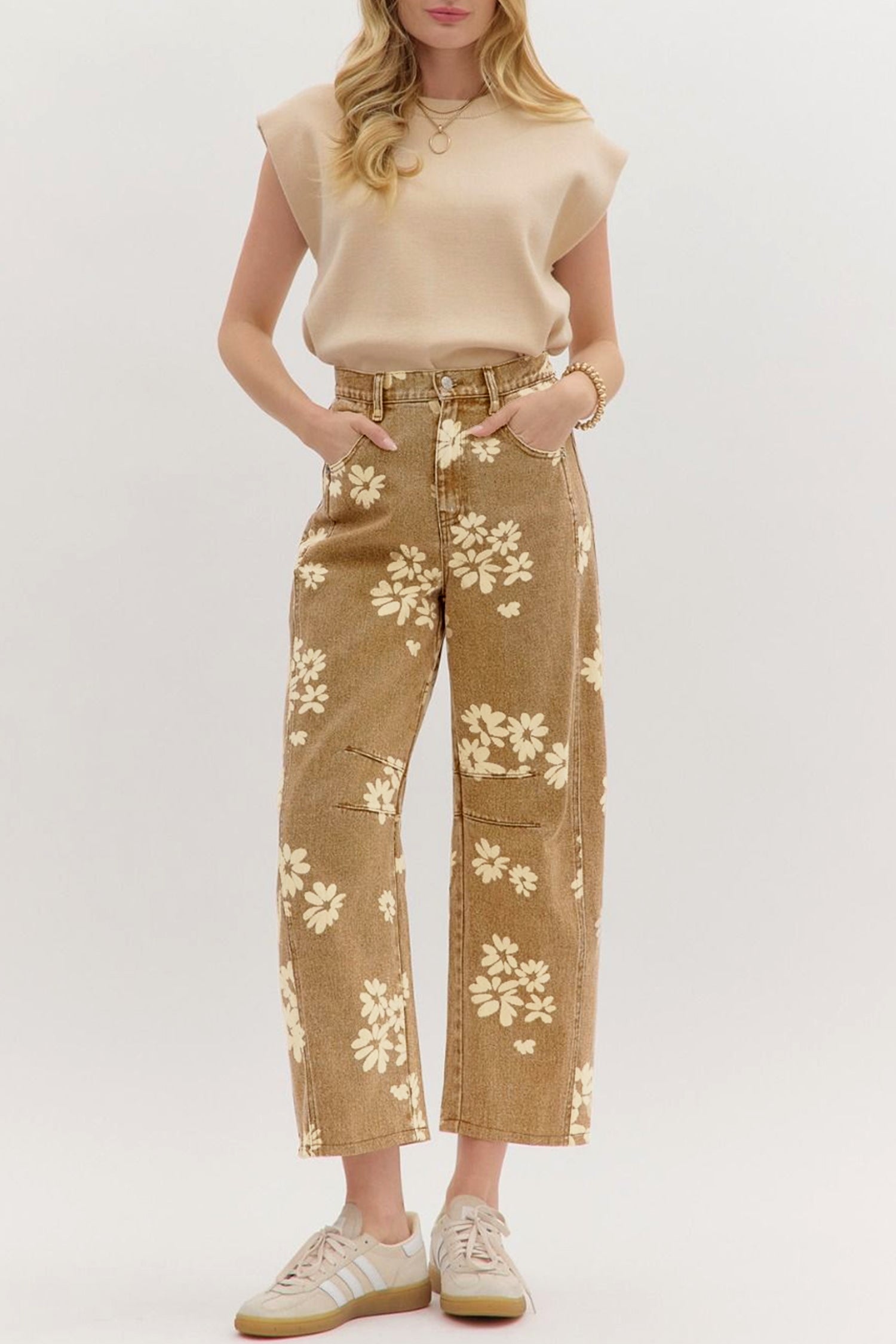 Floral Print Metal Button Pleated Straight Leg Jeans – Khaki