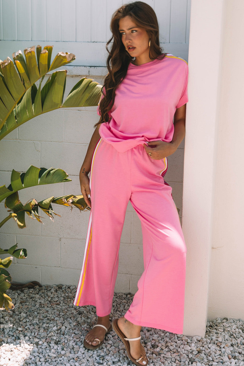 Contrast Crewneck T Shirt and Wide Leg High Waist Trousers Co-ord eAura