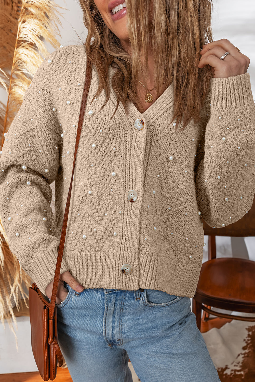 Pearl Embellished Buttoned V-Neck Knit Cardigan Dear-Lover Dropshipping