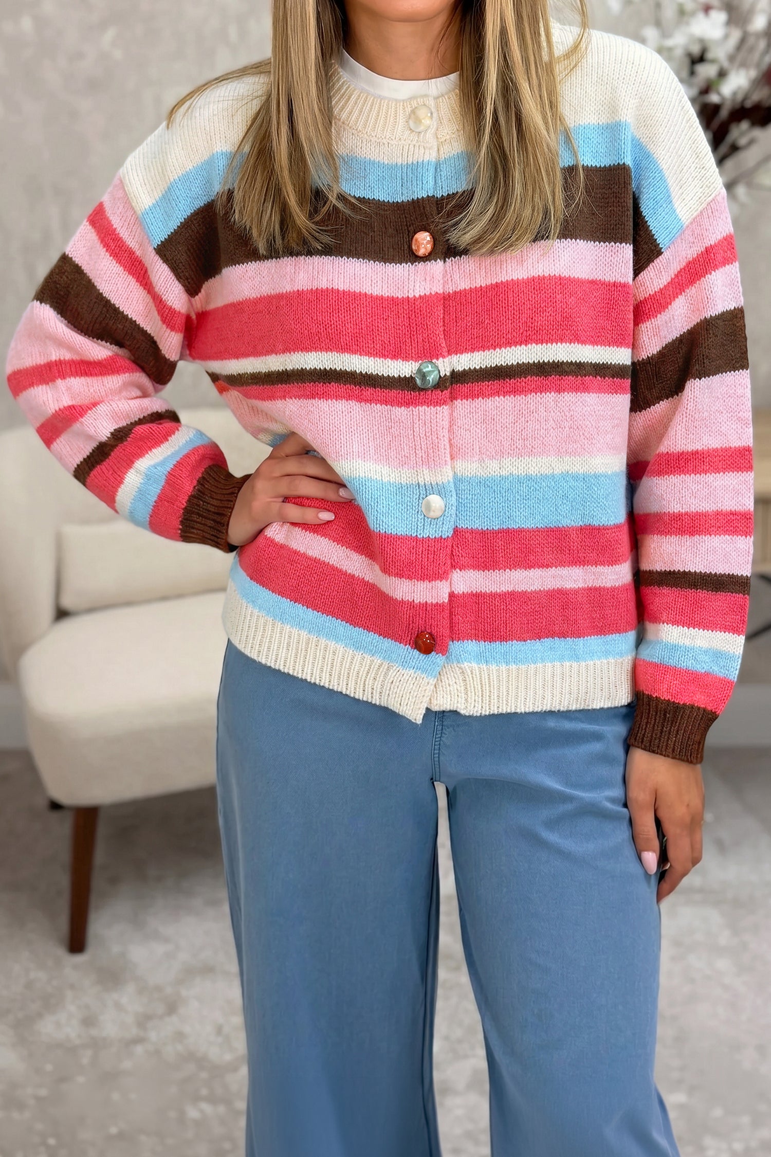 Striped Colorblock Drop Shoulder Cardigan – Pink Stripe