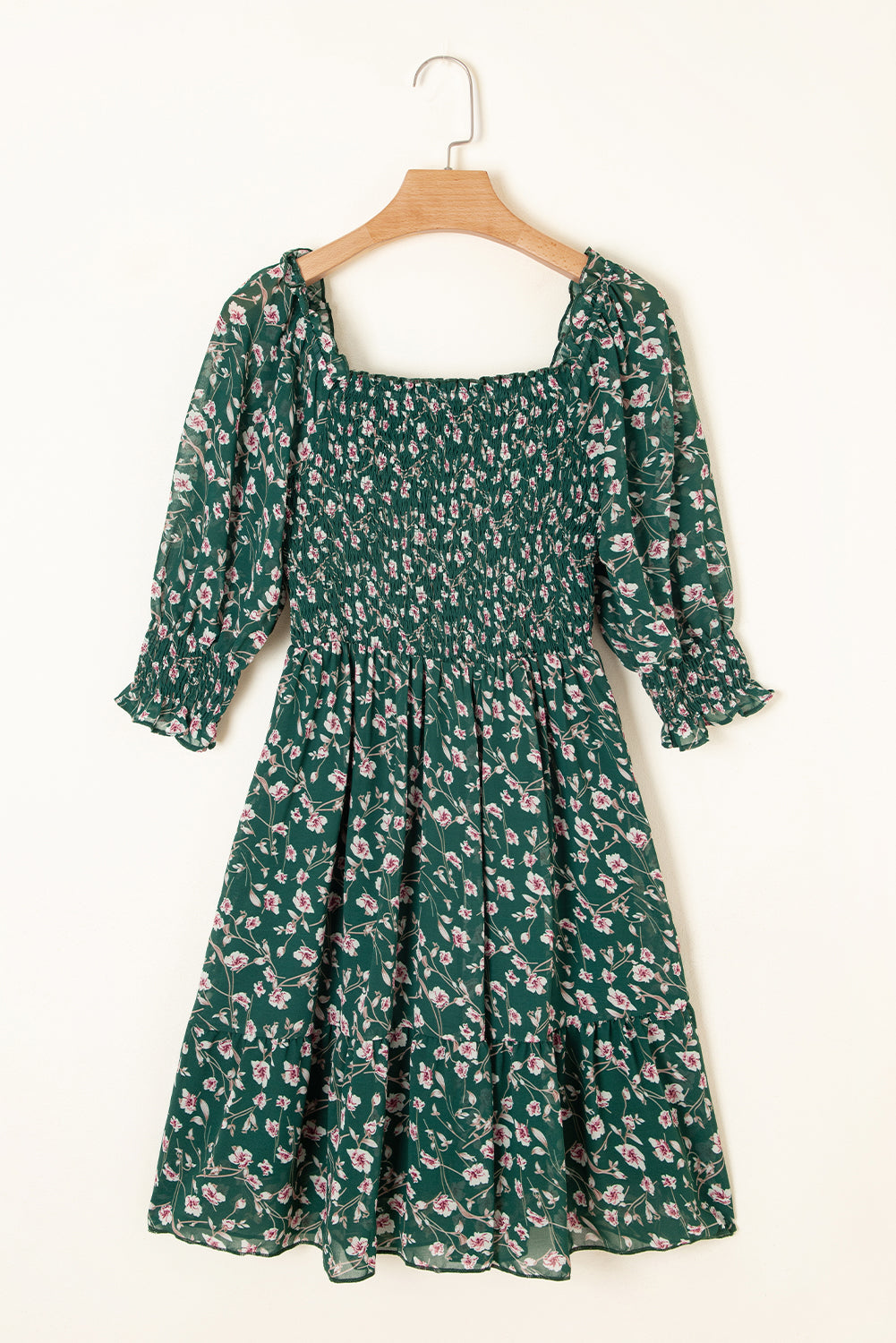 Green Smocked Square Neck Puff Short Sleeve Floral Dress eAura