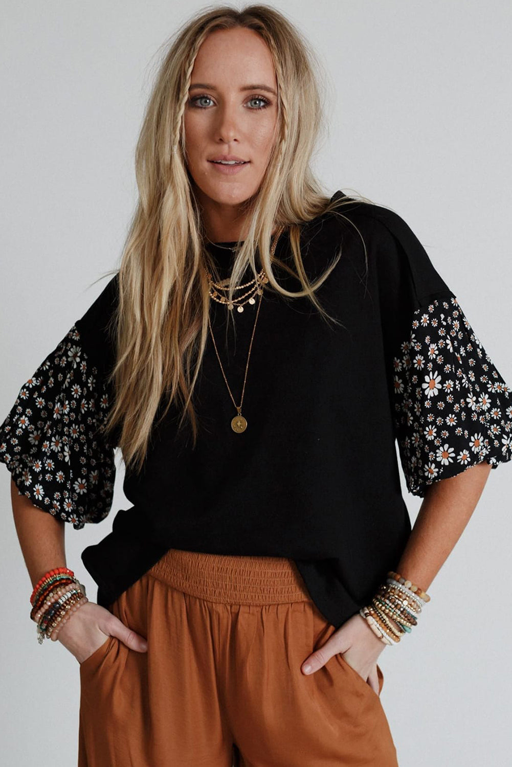 Black Contrast Floral Puff Sleeve Oversized Top eAura