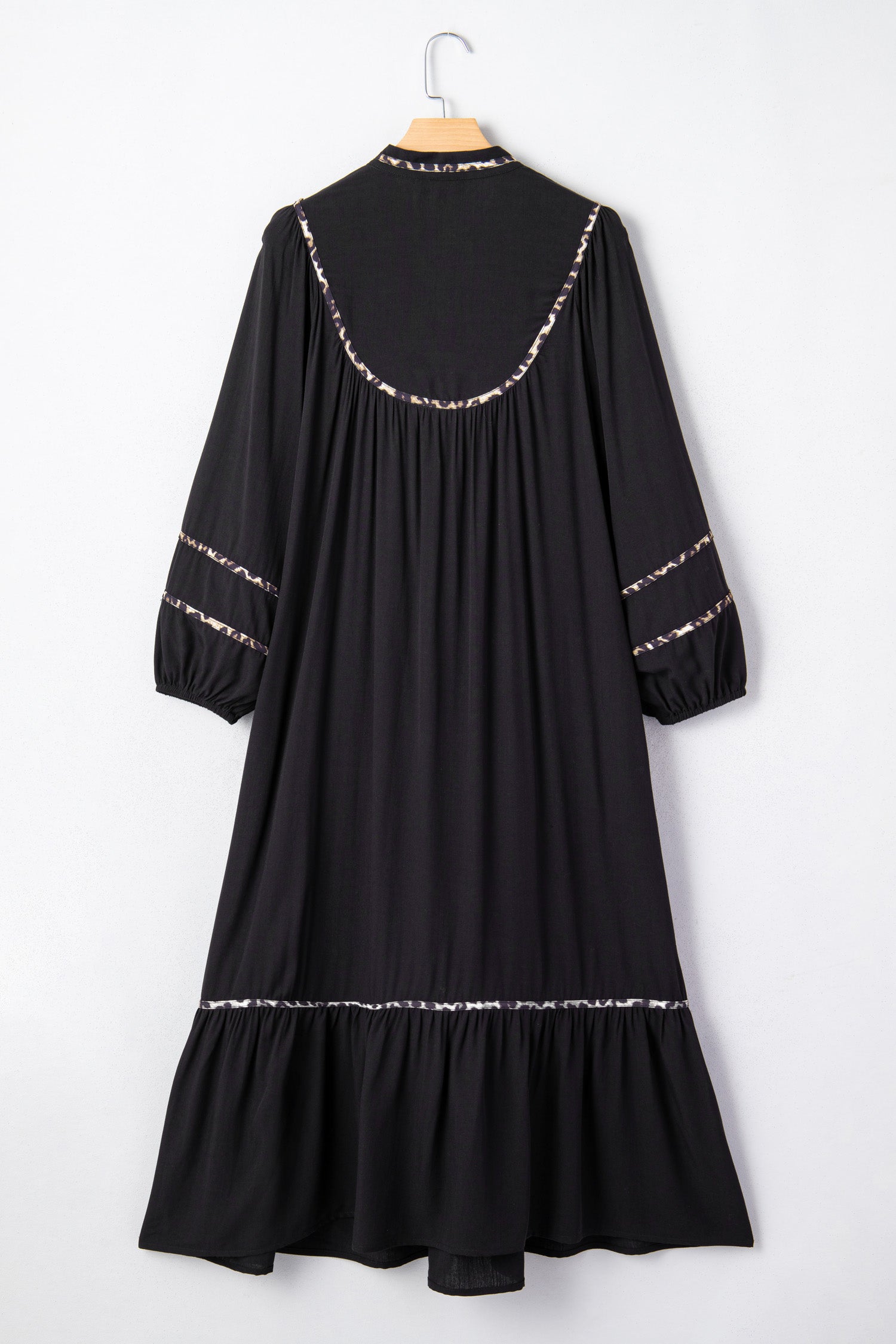 Contrast Leopard Trim Split Neck Long Sleeve Casual Midi Dress