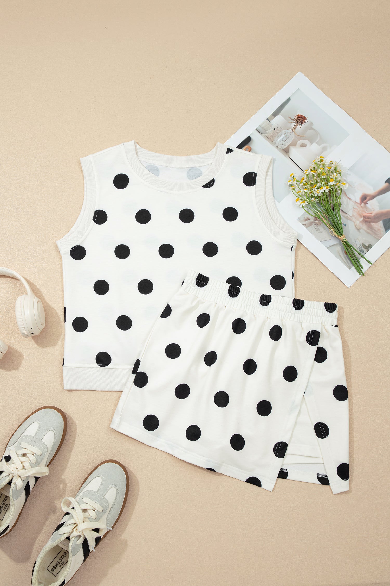 Ribbed Trim Polka Dot Print Tank Split Mini Skort Co-ord Set