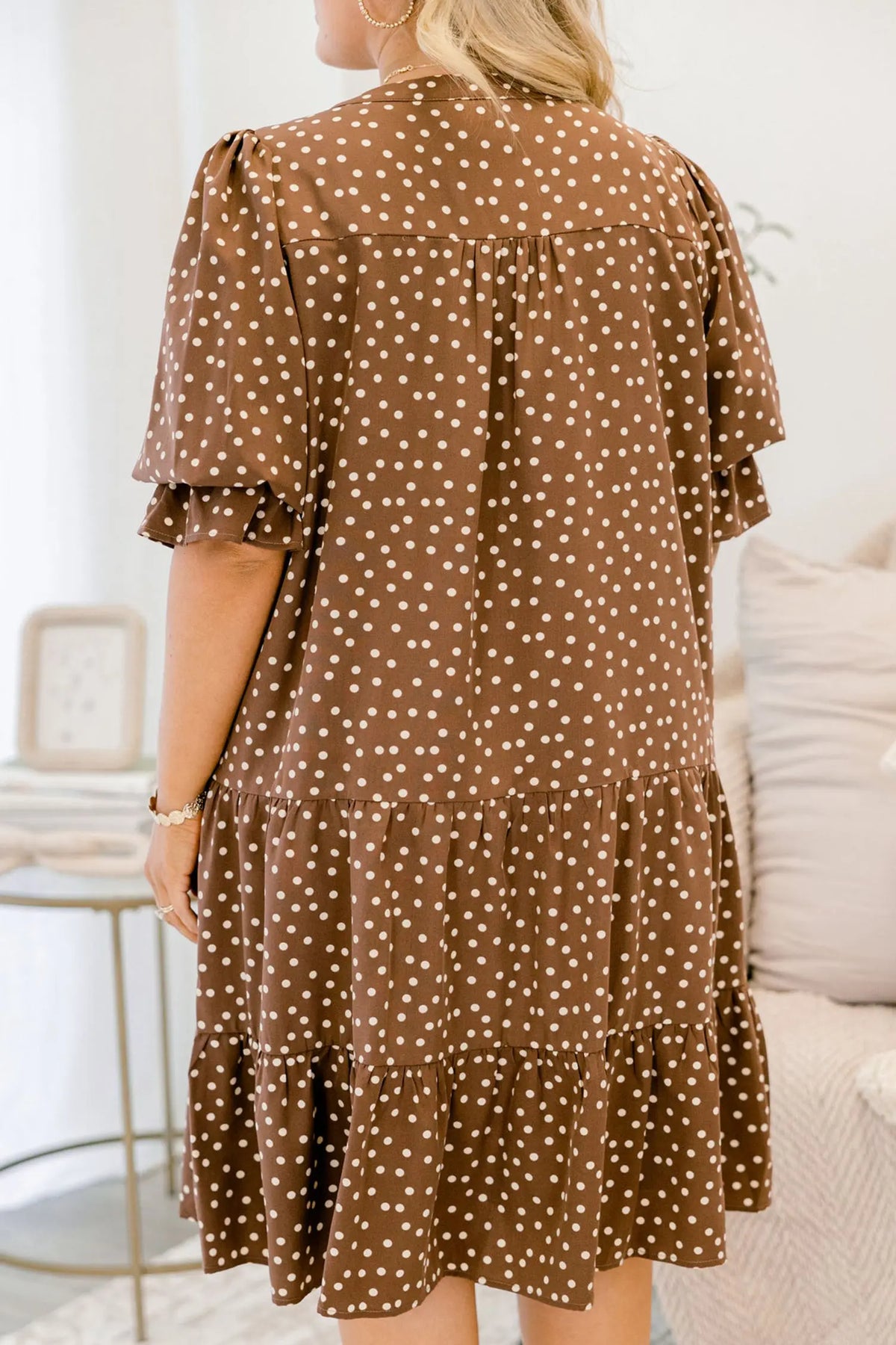 V Neck Polka Dot Long Sleeve Shift Plus Size Dress – Brown