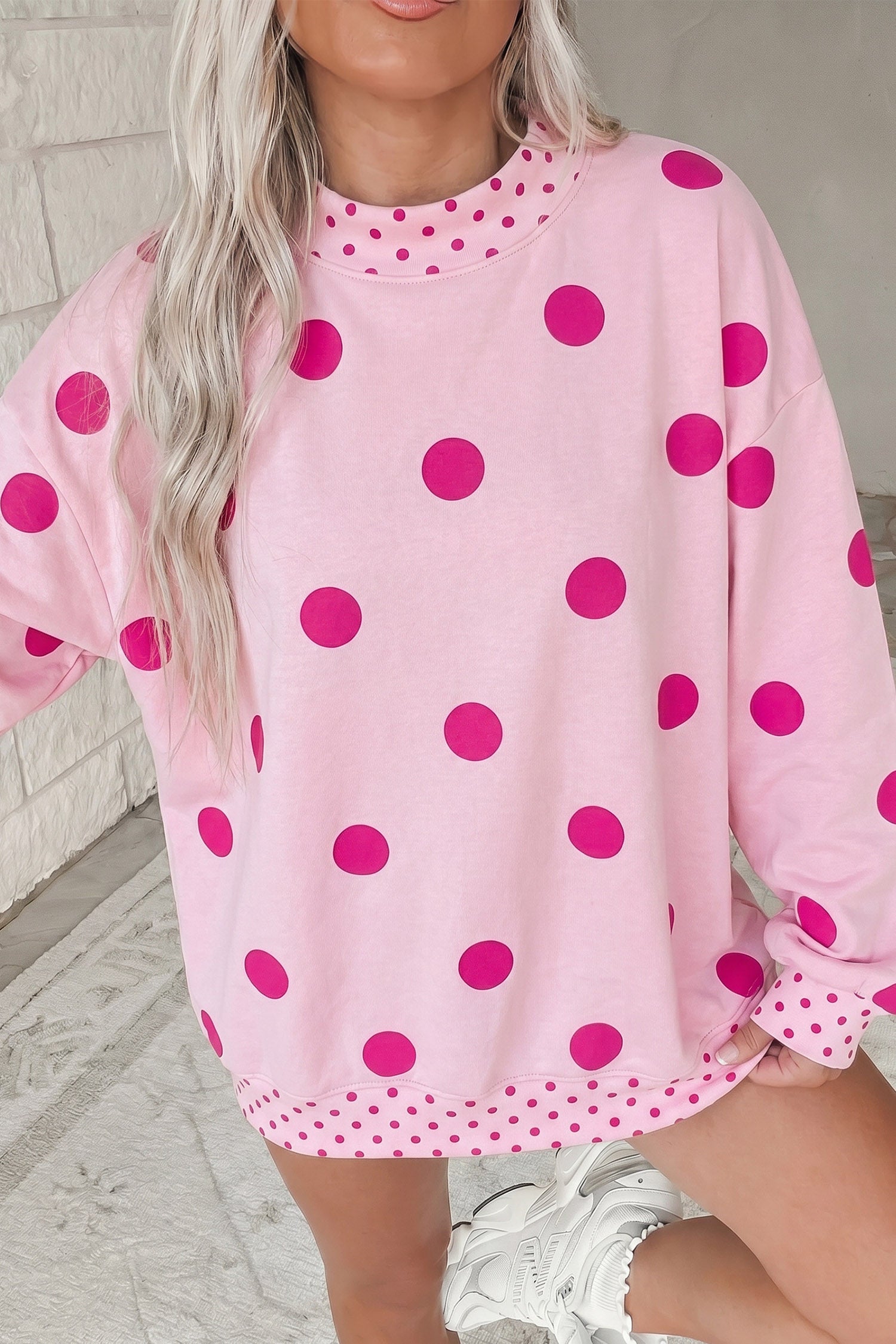 Polka Dot Print Contrast Detail Oversized Tunic Sweatshirt – Pink
