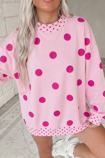Polka Dot Print Contrast Detail Oversized Tunic Sweatshirt – Pink