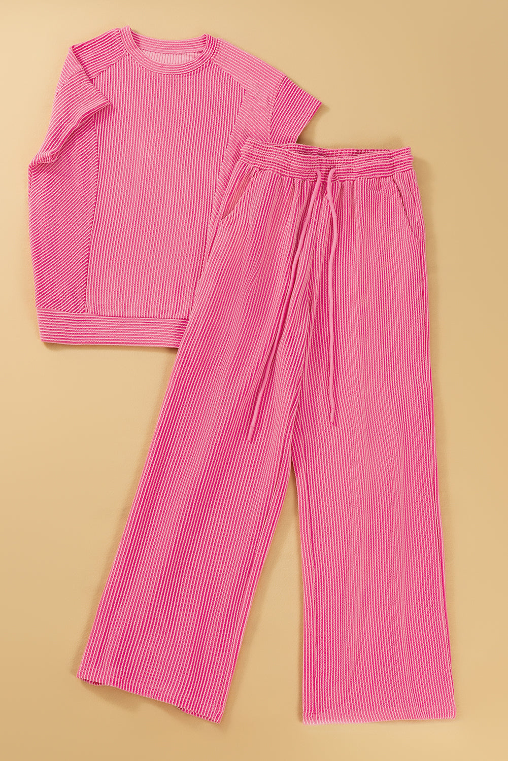 Bright Pink Solid Ribbed Knit Short Sleeve T Shirt and Wide Leg Trousers Set eAura