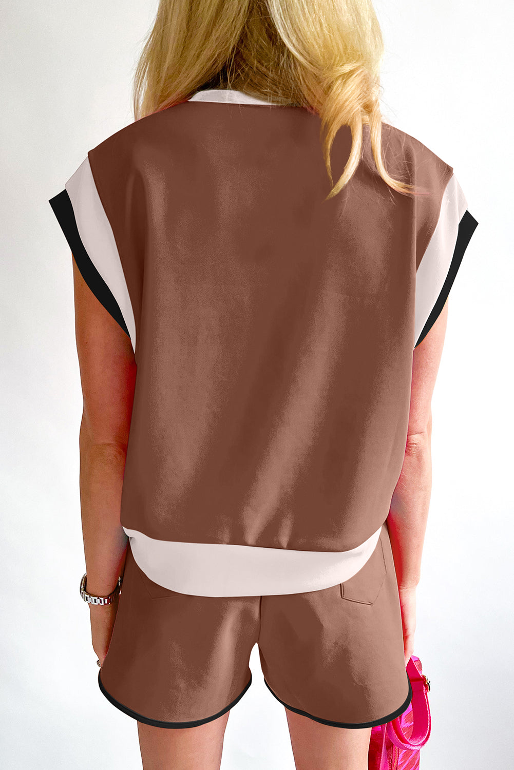 Coffee Contrast Trim Cap Sleeve Tee Shorts Set eAura