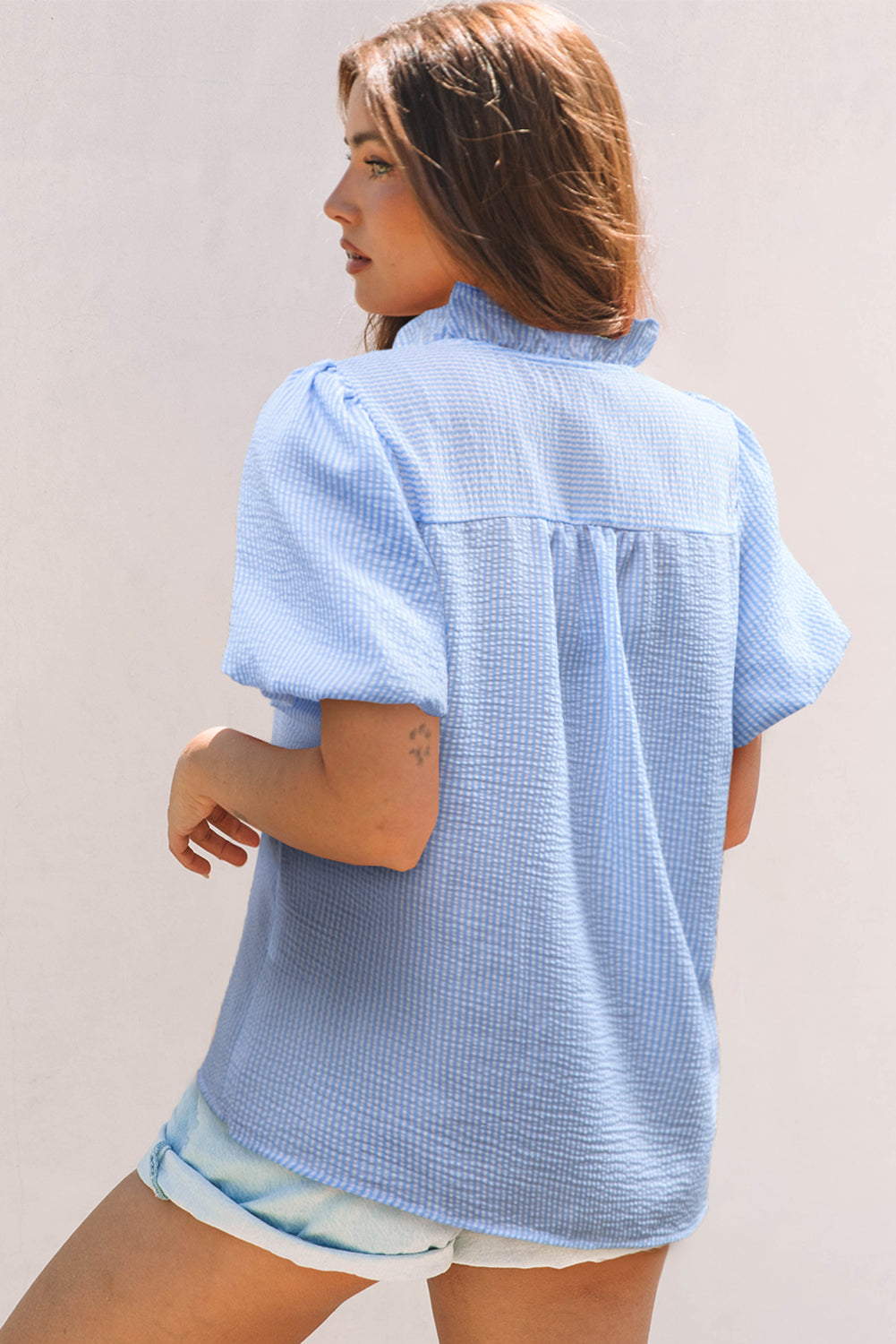 Striped Ruffle Short Bubble Sleeve Shirt eAura